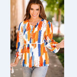 Paint Print Lace Trim Tie Neck Blouse